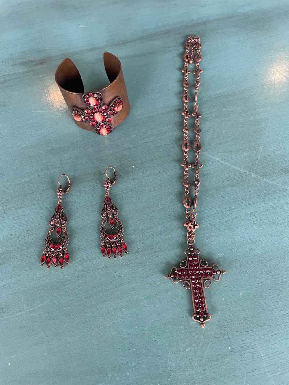 Antique-Style Red Stone Cross Necklace, Earrings & Cuff Bracelet Set